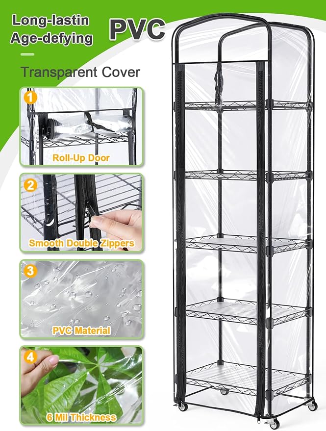 Abimars 5-Tier Mini Greenhouse with Caster Wheels, Each Shelf Height Adjustable Metal Plant Shelf with PVC Cover for Seed Starting Trays, Seedling Pots, Plant Pots, 11x16x57inch - Image 5