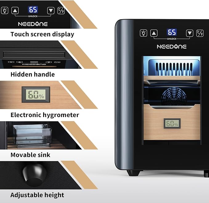 NEEDONE Cigar Humidor 8L with Heating & Cooling Control, Quiet Thermostatic Electric Cooler Cabinet for 80 Counts with Spanish Cedar Wood Shelves & Drawer with Hygrometer, Gift for Men - Image 7