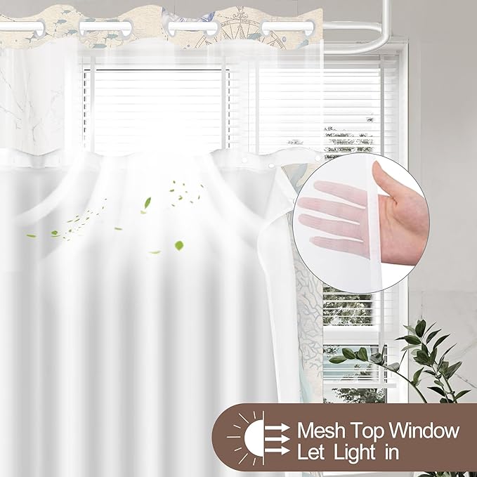 No Hook Shower Curtain with Snap in Liner, Beach Ocean Nautical Coastal Shower Curtains and Liner Set for Bathroom, Seashell Hotel Fabric Bath Curtain, Waterproof Washable, ‌Retro Brown 71" x 74" - Image 3