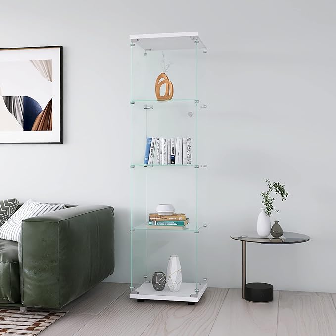 Yoluckea 4 Shelves Glass Display Cabinet with Door, Curio Collection Display Case for Home Office, Floor Standing Bookshelf Corner Cabinet Upgrade Assembly (White) by Yoluckea