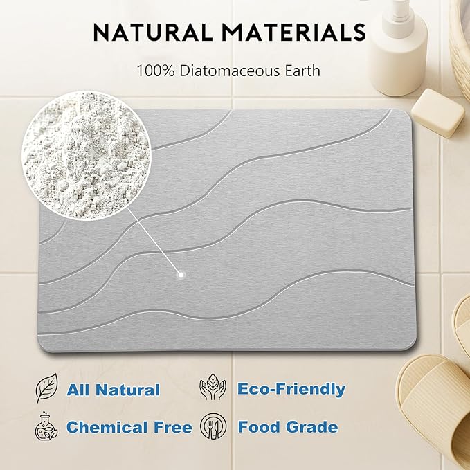 Stone Bath Mat for Shower Exit, Quick-Dry Diatomaceous Earth, New Apartment Essential & Housewarming Gift, 23.5" x 15.5" Light Gray-Wave - Image 7