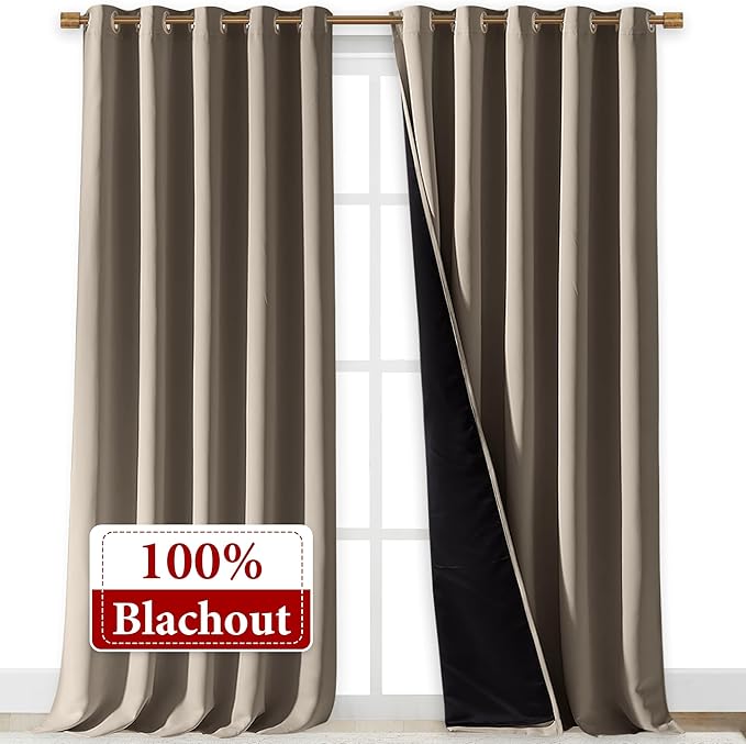NICETOWN 100% Blackout Blinds, Laundry Room Decor Window Treatment Curtains for Large Patio Sliding Door, Thermal Insulated Taupe Curtains for Bedroom, Set of 2, 70 inches x 108 inches - Image 2