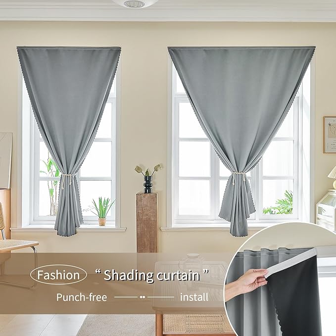 Magic Tape Stick on Portable Curtains for Windows,Bedroom Blackout Curtains for - Thermal Lnsulated No Drill Curtains Room Darkening Black Small Drapes(1 Panels,47Wx54L inch-Silver Gray) - Image 9