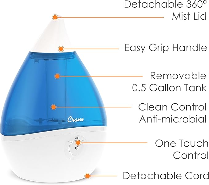 Crane Droplet Ultrasonic Teardrop Cool Mist Air Humidifier, 0.5 Gallon for Bedroom and Office, Blue and White, Nursery Humidifier - Image 3
