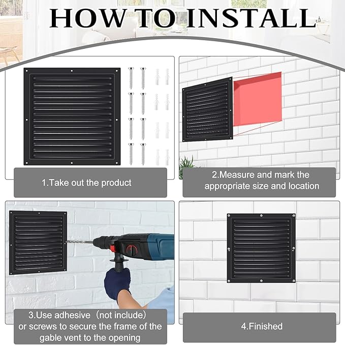 2 Pcs 12" x 12" Gable Vent Shed Attic Vent with Screen Mesh Square Metal Vent Covers Vent Grille for Exterior Door House Attic Garage Ceiling, Boost Ventilation and Guard Against Moisture (Black) - Image 6