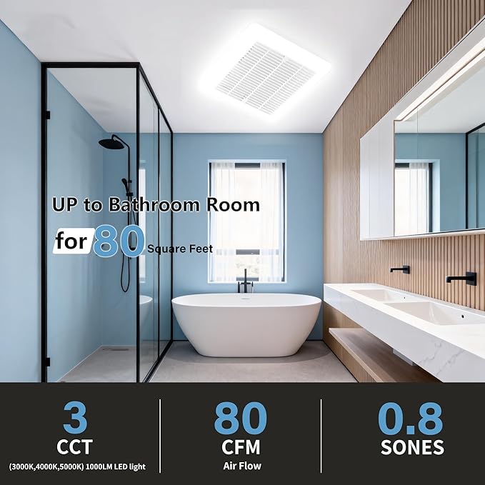 Tech Drive Bathroom Exhaust Fan with Light - 80 CFM, 0.8 Sone, 1000lm Dimmable 3CCT Selectable LED Light, Easy to Install Super Quiet Ventilation Fan, 4-Inch Duct, Light Grille Combo, White - Image 6