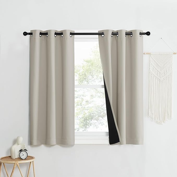 NICETOWN Natural 100% Blackout Lined Curtains, 1 Pair, 37" Width x 50" Length Each Panel, 2 Thick Layers Narrow Wide Window Treatment Panels Thermal Insulated Drapes for Kitchen Small Window - Image 2