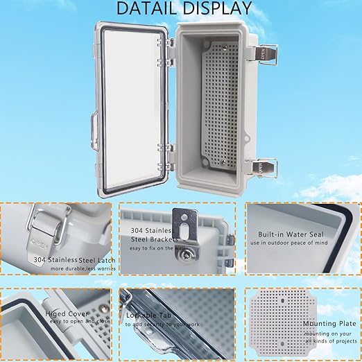 Waterproof Junction Box, ABS Plastic Electrical Box with Stainless Steel Latch, Hinged Cover Electric Project Enclosure Box with Mounting Plate, Wall Brackets & Cable Gland 7.9"x3.9"x2.8" - Image 3