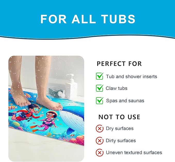 XIYUNTE Baby Bath Mat for Tub Non Slip Kids Bath Mat - 40''x16'' Extra Long Cartoon Whale Baby Bath Tub Mat Eco-Friendly Toddler Bath Mats with Suction Cups & Drain Holes Easy to Clean & Easy Drying - Image 7