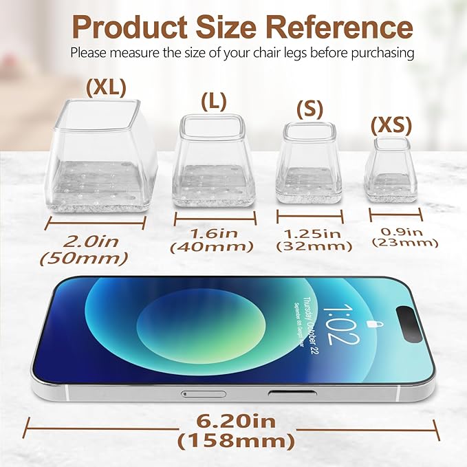 16Pcs Square Chair Leg Floor Protectors with Thickened Felt Pads Silicone Chair Leg Covers Caps to Protect Hardwood Tile Floors Furniture Feet Reduce Noise (Clear XL Fit 1.46"-1.77") - Image 2