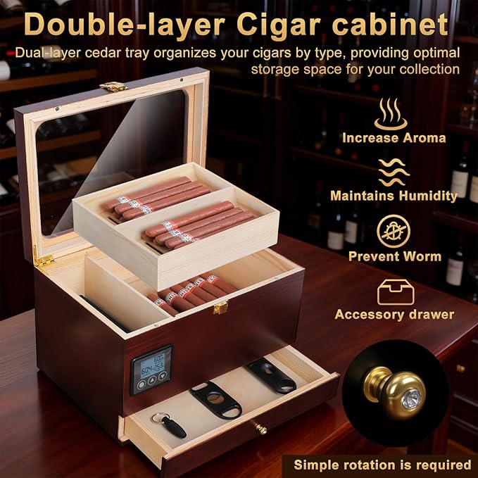 Cigar Humidor Cabinet with Electric Humidifier Precision Humidity Control Digital Display Double-Layer Cedar Shelves Glass Top Accessory Drawer, 65-Cigar Capacity, Father's Day Gift for Men (Brown) - Image 3