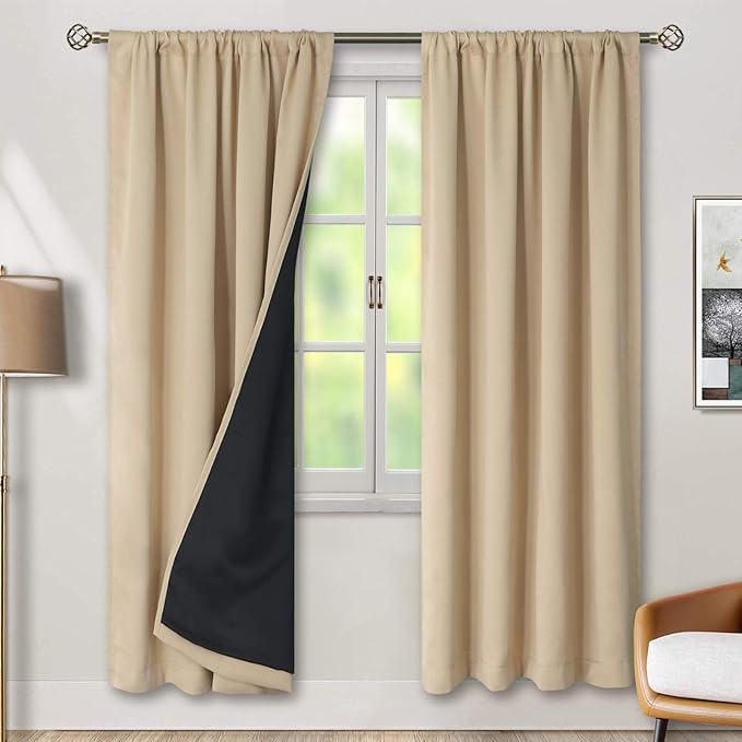 BGment Thermal Insulated 100% Blackout Curtains for Bedroom with Black Liner, Double Layer Full Room Darkening Noise Reducing Rod Pocket Curtain (42 x 84 Inch, Beige, 2 Panels) by BGment
