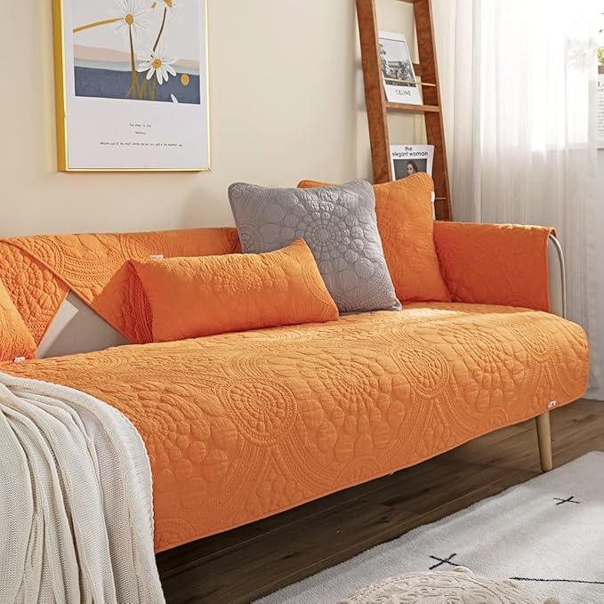 vctops Boho Circle Embroidery Couch Sofa Cover Solid Color Cotton Quilted Non-Slip Sectional Couch Covers Sofa Slipcover for Dogs, Children, Pets Furniture Protector (Orange,28"x28") by vctops