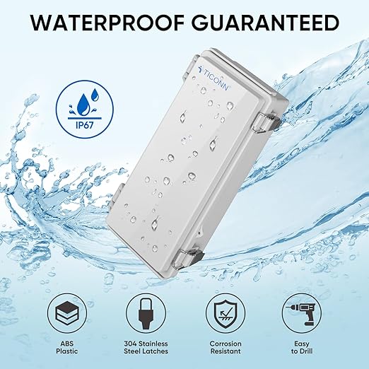 TICONN Outdoor Electrical Box Waterproof, Junction Box IP67 ABS Plastic Enclosure with Hinged Cover with Mounting Plate, Wall Brackets, Cable Glands (Off-White, 10.2"x4.3"x3.0") - Image 2