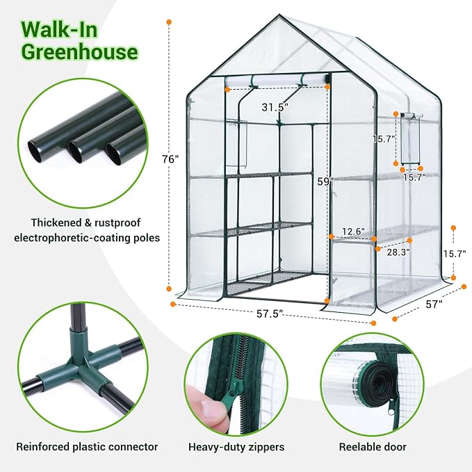 Ohuhu Greenhouse for Outdoors: 3 Tiers 12 Shelves Walk-in Indoor Green House Heavy Duty Plant Stands Reinforced Plastic PE Cover Mini Portable Warm House for Outside, 4.8x2.5x6.4 FT - Image 5