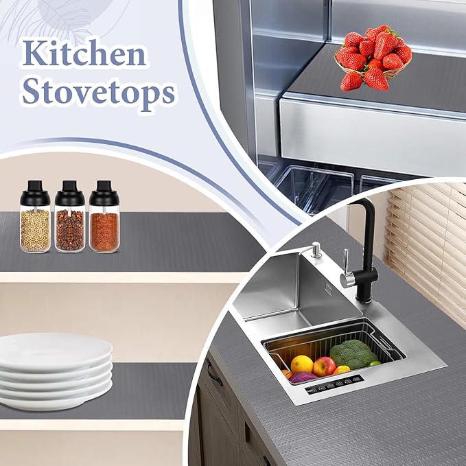 Drawer and Shelf Liner for Kitchen Cabinet: 23in X 20 Ft Non Slip Waterproof Shelf Paper Non Adhesive Refrigerator Liners Gray Easy Liners for Bathroom Cupboard with Knife Tape Measure - Image 6