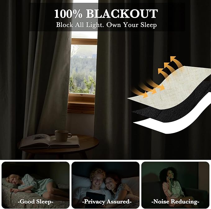 RYB HOME Natural Linen 100% Blackout Curtains for Bedroom 52 Width 108 Long, Linen Blackout Curtains Privacy Protection& Thermal Insulated for Sliding Door/Living Room, 2 Panels - Image 3