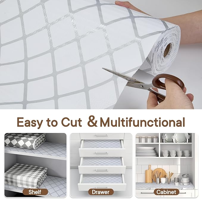 Shelf and Drawer Liner for Kitchen Cabinets Non-Adhesive, Strong Grip Non-Slip Thickened Cabinet Liners for Shelves, Waterproof Mats for Dresser Cupboard, Silver Stripe, 12 in x 10 Feet - Image 5