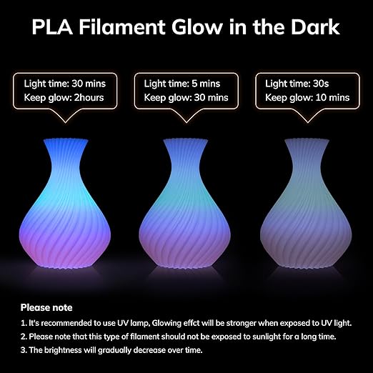 AMOLEN Glow in The Dark Multicolor Fast Change 3D Printer Filament 1.75mm, 5 Meter Green, Blue and Blue Purple Bundle, 1.75mm PLA Filament, 3D Glitter Printing Filament 200g X 4 Pack - Image 3