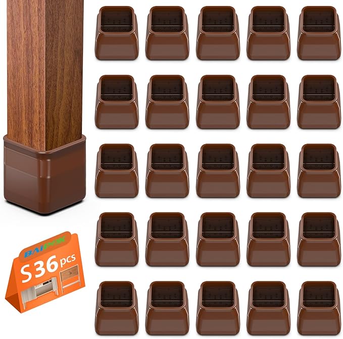 BAIPOK 36Pcs Square Chair Leg Floor Protectors for Hardwood Floors, Felt Furniture Pads Furniture Sliders, Silicone Covers to Protect Wood Tile Floors, Reduce Noise & No Scratch, Small, Brown by BAIPOK