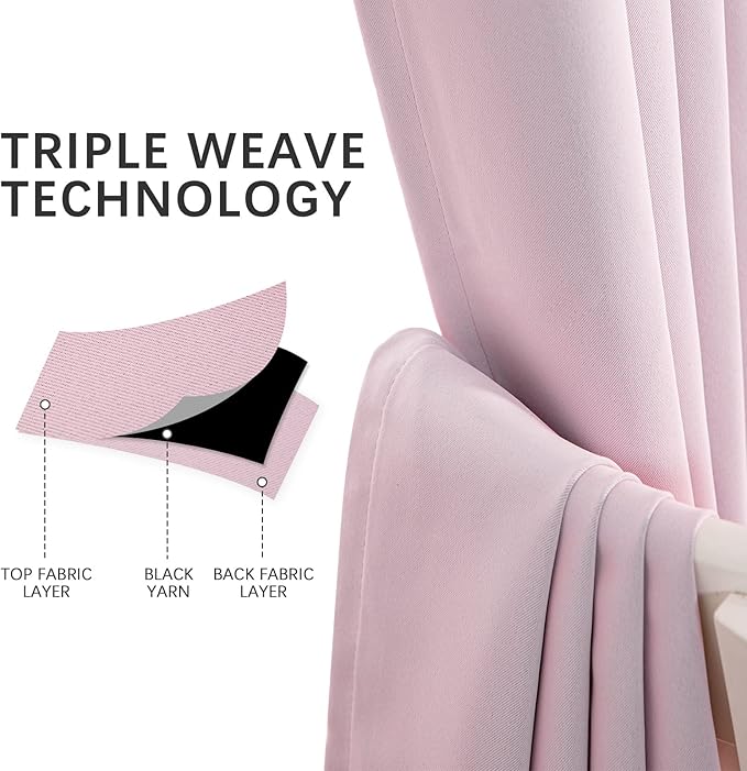 MYSKY HOME Blackout Curtains for Bedroom, Grommet Room Darkening Curtains, Amazing Triple Weave Thermal Insulated Curtains, 1 Curtain Panel, 52 x 84 Inch, Pink - Image 2