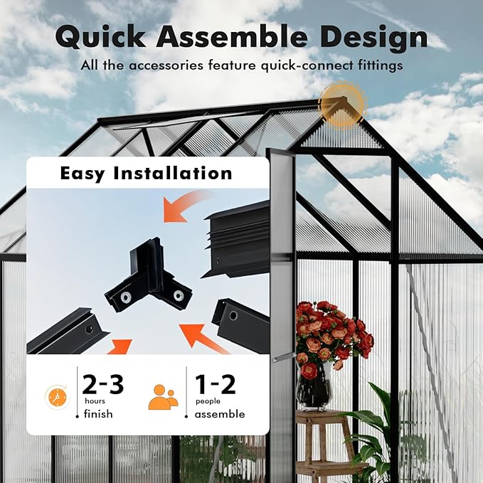 6×6FT Greenhouse for Outdoors, Walk-in Greenhouse and Winter Garden Planting, Polycarbonate Greenhouse with Electronic Thermometers, Withstands Strong Wind or Snow to Protect Vegetable or Plants - Image 7