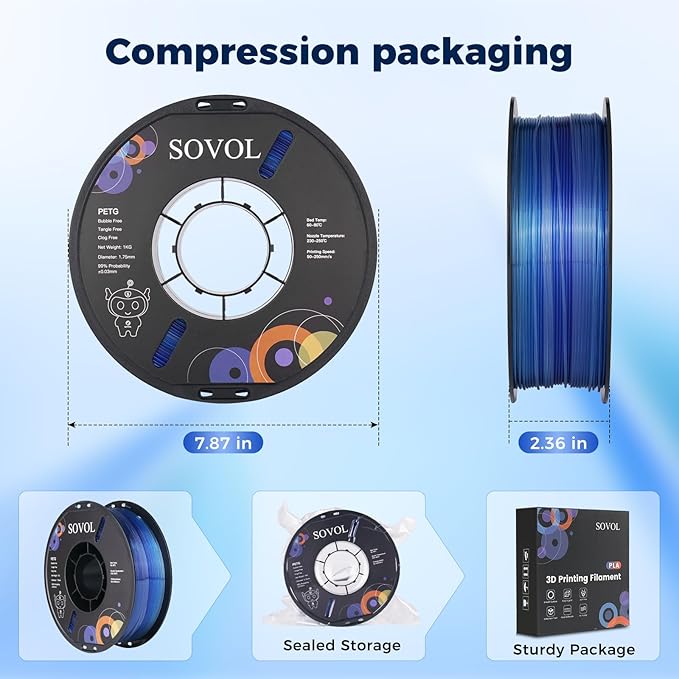 Sovol 3D Printer PETG Filament 1.75mm, Gradient Multicolors Filaments Material, 1kg (2.2lbs), Dimensional Accuracy +/- 0.03 mm, Fit Most FDM Printer, Blue - Image 8