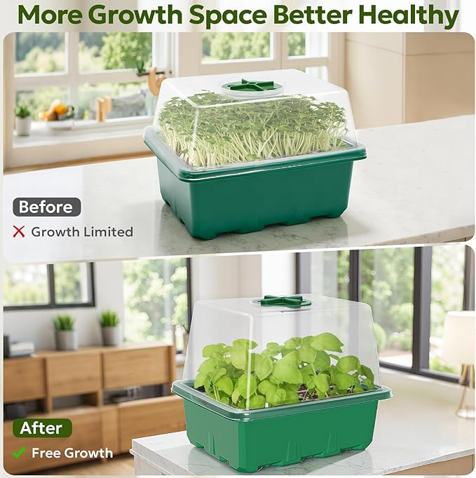 MIXC Seed Starter Kit with Grow Light, Elevated Seedling Tray Kit with Adjustable Humidity Dome and Clear Cell Tray, 12 Full Spectrum Led Beads for Seed Starting Greenhouse, 6 Pack, Green - Image 4