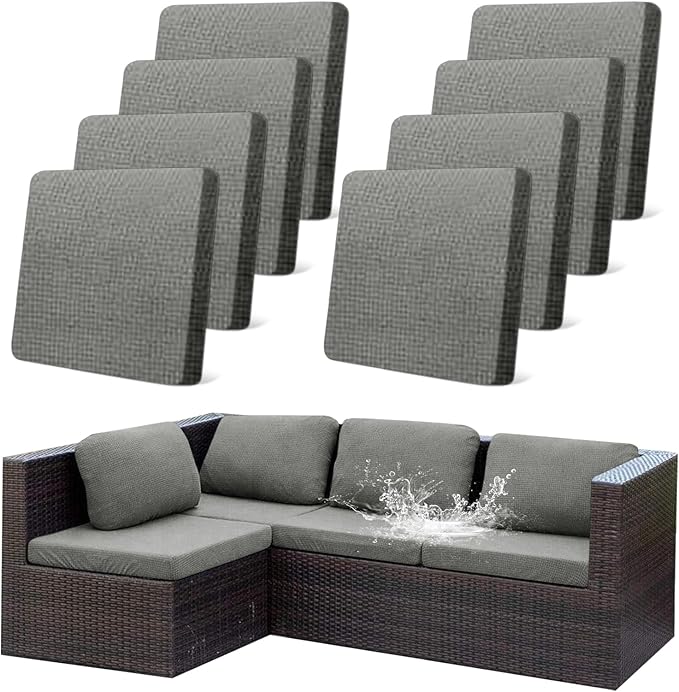 8Pcs Outdoor Stretch Cushion Covers,Waterproof Outdoor Chair Cushion Covers for Patio Furniture, Washable Jacquard Couch Covers Replacement for Patio Furniture(Grey, Cover Only) by CALBODE