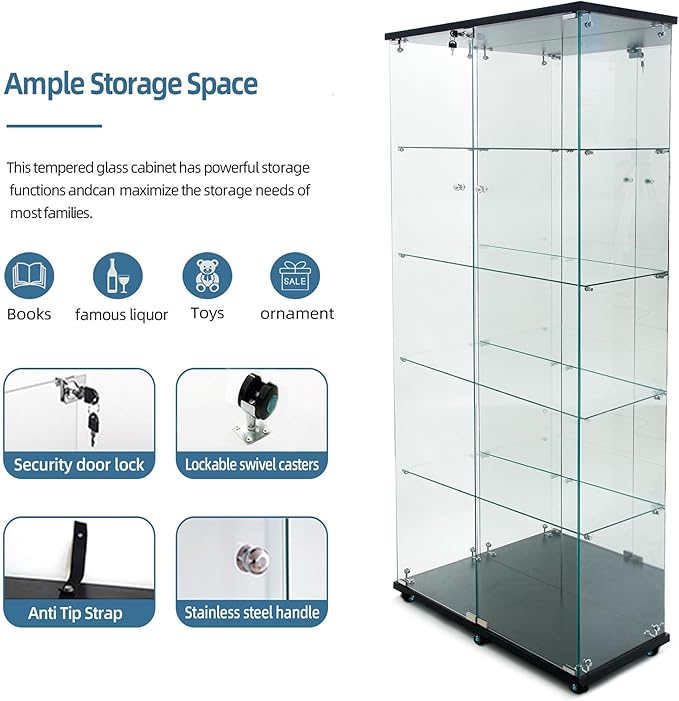 Yoluckea 5-Tier Glass Display Cabinet with Bluetooth LED Light Strip, 2-Door Floor Standing Curio Cabinet with Universal Wheel and Mirror Back Panel, Black Glass Bookshelf for Collections, Wood Top - Image 4