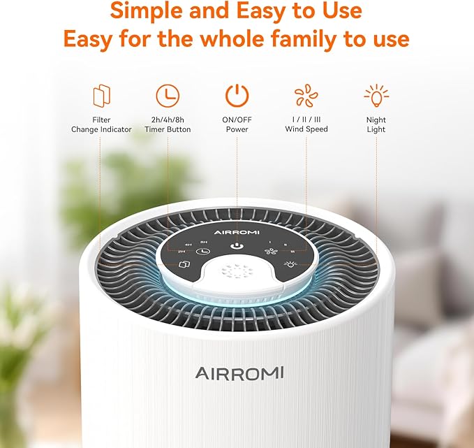 AIRROMI Air Purifier for Bedroom with HEPA 3-in-1 Filter, Pet Air Purifier for Home Cat Pee Smell, Covers Upto 990 Ft², Quiet 360° intake Air Cleaner for pet hair,allergies,Dust,Smoke A2001 White - Image 3