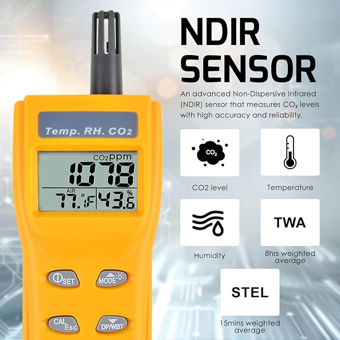 CO2 Meter Portable CO2 Detector Digital CO2 Monitor with Alarm Function Carbon Dioxide Temperature and Humidity Meter, NDIR CO2 Sensor Indoor Air Quality Monitor for Home Office Grow Room - Image 6