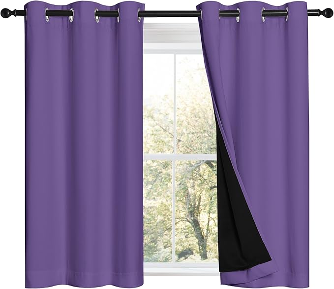 NICETOWN 100% Blackout Short Curtains with Black Liners, 2 Panels, 37"W by 40"L, Lilac Purple, Solid Thermal Insulated Full Blackout 2-Layer Lined Drapes, Energy Efficiency Window Drapes for Bedroom by NICETOWN