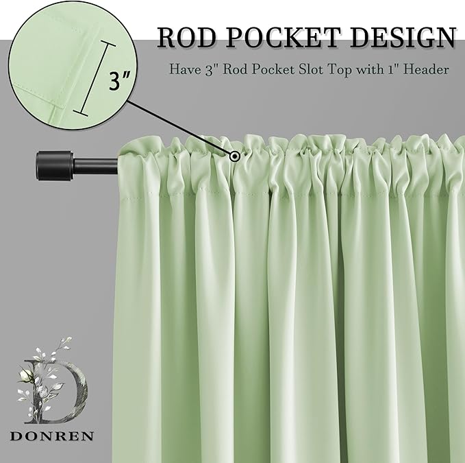 DONREN 90 inch Length Room Darkening Curtain Panels for Living Room - Energy Efficient Blackout Bedroom Curtains Thermal Insulated Rod Pocket,Light Green,52 x 90 inch Set of 2 Panels - Image 3