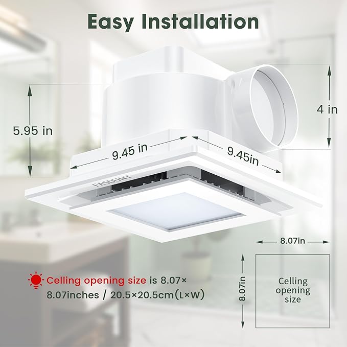 FASDUNT Bathroom Exhaust Fan with Light, 1.0 Sones Ultra Quiet Ceiling Mount Ventilation, 120 CFM for Moisture and Odor Removal, Easy Install in Home Bath and Shower Room - Image 6