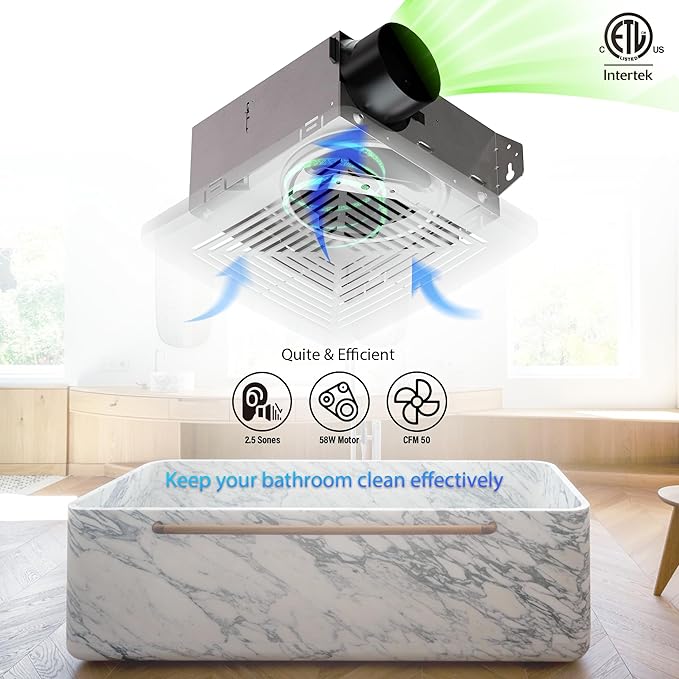 50CFM Bathroom Exhaust Fan: Retrofit Ceiling Bath Vent Fan with Grille, Wall Mount Ventilation Fan for New Building Multi Family, Condo, Apartment and Hotel, ETL, White, 1 Pack - Image 4