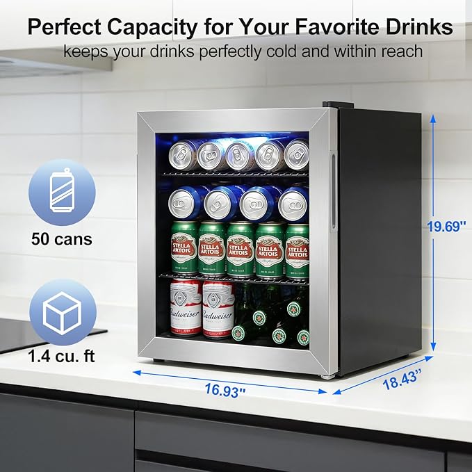 Mini Fridge Cooler - 50 Can Small Beverage Refrigerator Stainless Steel Glass Door for Soda Beer Wine–Countertop Drink Cooler for Home, Dorm, Office or Bar, Electronic Temperature Control，1.4cu.ft. - Image 3