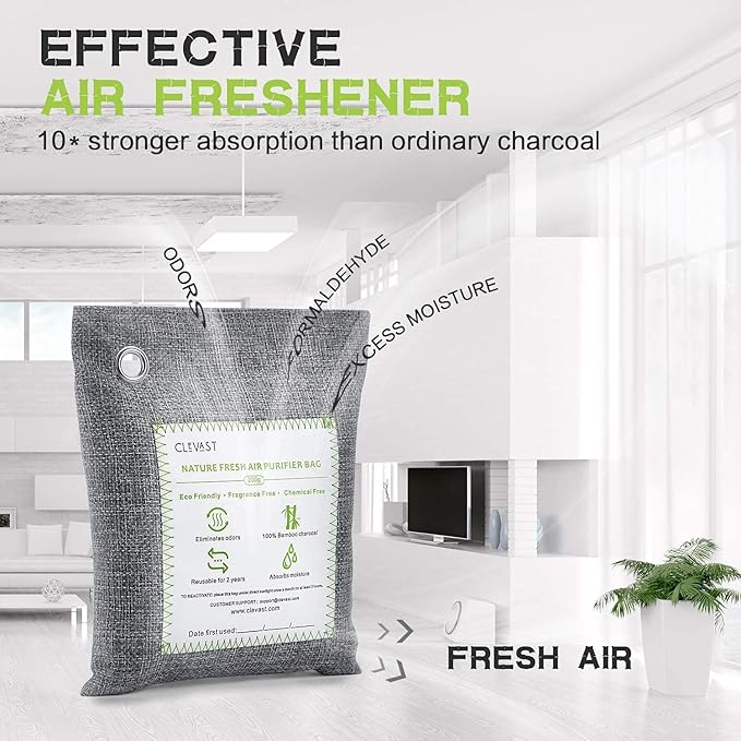 CLEVAST Bamboo Charcoal Air Purifying Bags - (Large, 4×200g), Removes Odors and Moisture, Nature Fresh Air Purifier Bags, Odor Eliminator for Home, Car, Pets, Bathroom, Basement - Image 3