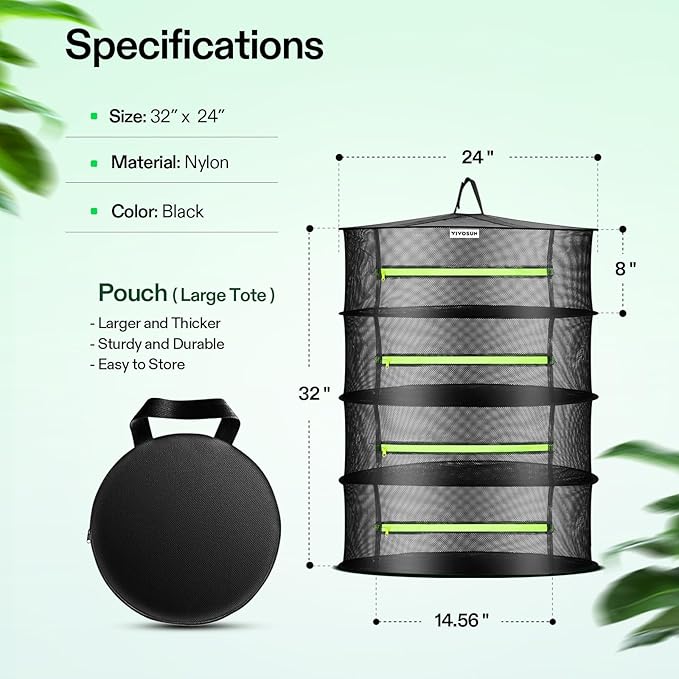 VIVOSUN 4-Pack 4-Layer Mesh Drying Rack Hanging Design with Green Zippers for Dehydrating, Indoor and Outdoor (Pruning Shears Included) - Image 2