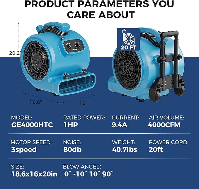 ALORAIR 4000 CFM Air Mover Blower Fan for Industrial, Floor Drying Fan, Carpet Dryer - Timer, Handle Wheelkit, Carpet Buckles, Stackable, for Water Damage Restoration and Plumbing - GE4000HTC - Image 9