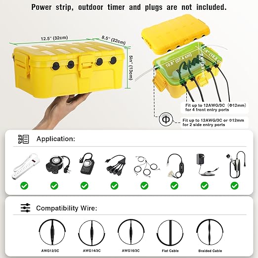 Flemoon Large Outdoor Electrical Box (12.5 x 8.5 x 5 inch), IP54 Waterproof Extension Cord Cover Weatherproof, Protect Outlet, Plug, Socket, Timer, Power Strip, Holiday Light Decoration, Yellow - Image 2