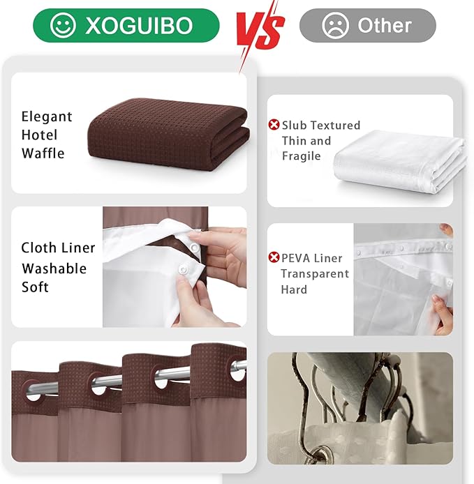 No Hook Shower Curtain and Liner Set,Brown Hotel Waffle Shower Curtain with Liner 75" L x 72" W - Image 5