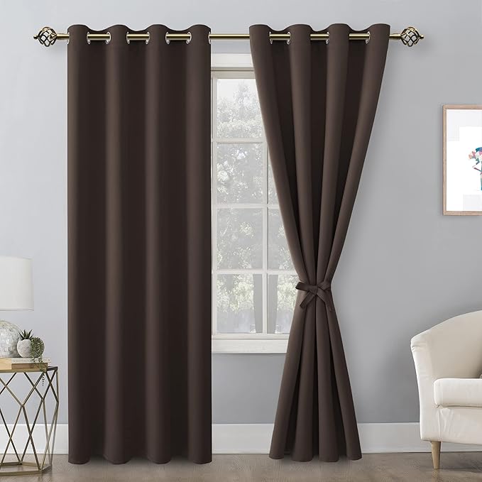 Hiasan Blackout Curtains for Bedroom, 52 x 96 Inches Long - Thermal Insulated & Light Blocking Window Curtains for Living Room, 2 Drape Panels Sewn with Tiebacks, Brown - Image 2
