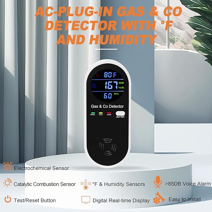 Combination Natural-Gas and Carbon-Monoxide-Detector Plug-in, 4 Sensors with Carbon Monoxide Alarm,°F & Humidity,Explosive Gas Detector Alarm for Home,RV,Apartment - Image 4