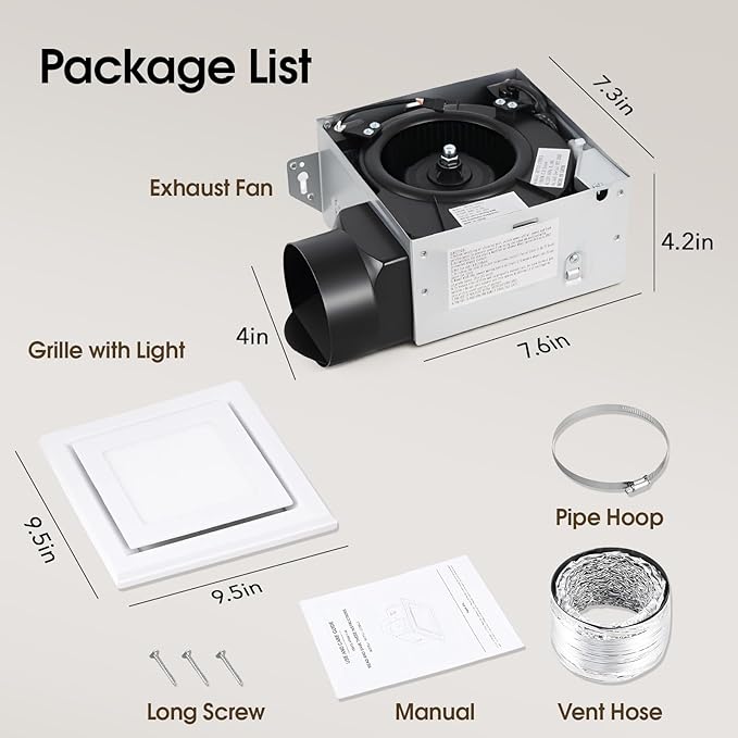FEITON Bathroom Exhaust Fan with Light (3000K/4000K/5000K), Ceiling Mount, 110 CFM 1.0 Sones, Quiet Square Bath Fan Light Combo(Metal housing, 4 Inch Duct, Ceiling Opening Size: 7.6 x 7.3 Inches) - Image 8
