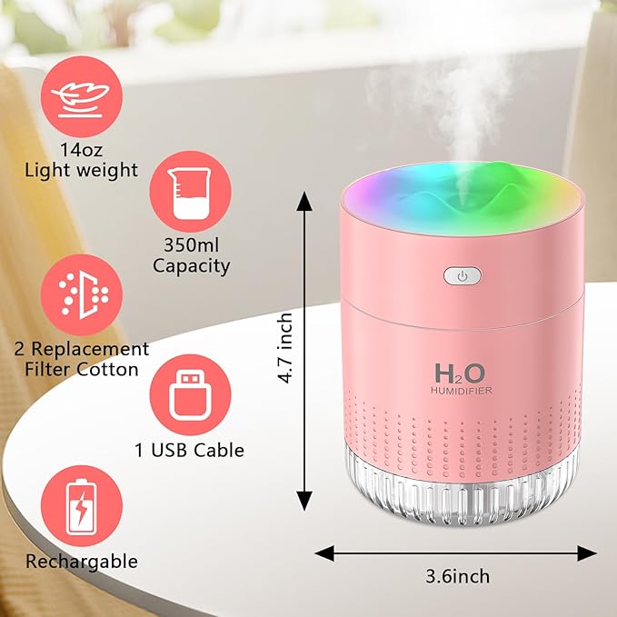 Portable Small Humidifiers for Bedroom Baby, Rechargeable Mini Cool Mist Plant Humidifier for Plants, Quiet Desktop Humidifier with 2 Working Modes & Colorful Night Light for Travel, Office, Bedroom - Image 2