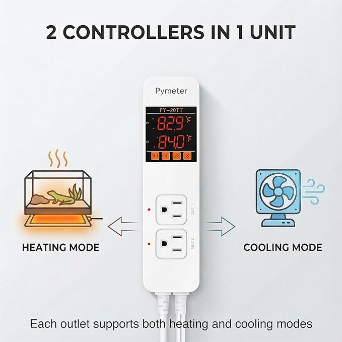 2 in 1 Digital Temperature Controller Dual Outlet Heat Mat Thermostat Reptile Greenhouse Heater Home Brewing Freezer Cooling Heating Pad Control 16A 1920W - Image 2
