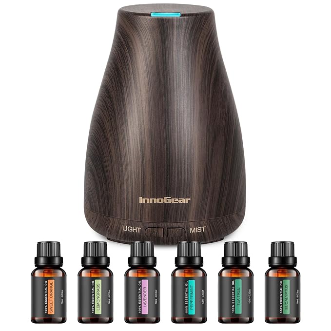 InnoGear Essential Oil Diffuser with Oils, 100ml Aromatherapy Diffuser with 6 Essential Oils Set, Aroma Cool Mist Humidifier Gift Set, Dark Wood Grain by InnoGear