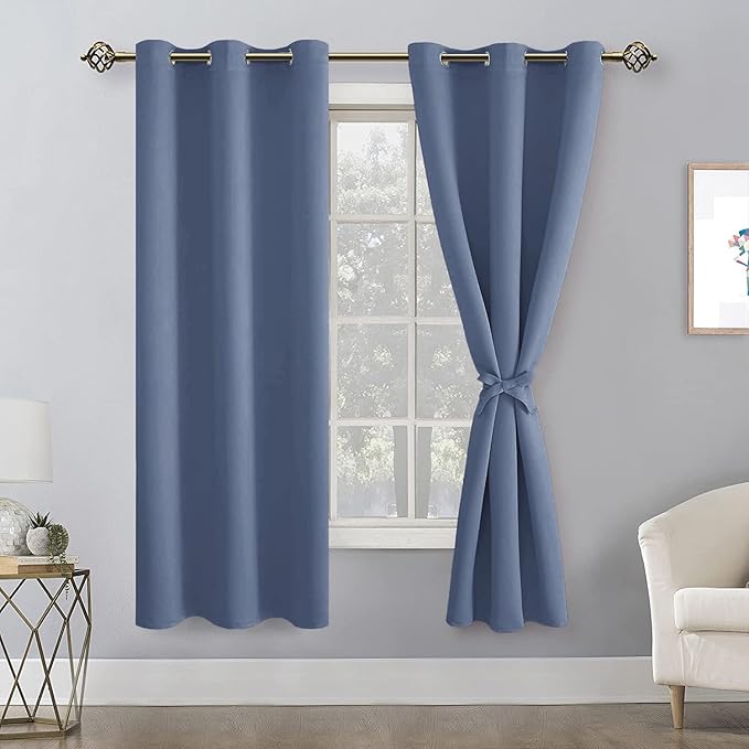 Hiasan Blackout Curtains for Bedroom, 42 x 63 Inches Length - Thermal Insulated & Light Blocking Window Curtains for Living Room, 2 Drape Panels Sewn with Tiebacks, Blue Haze - Image 2