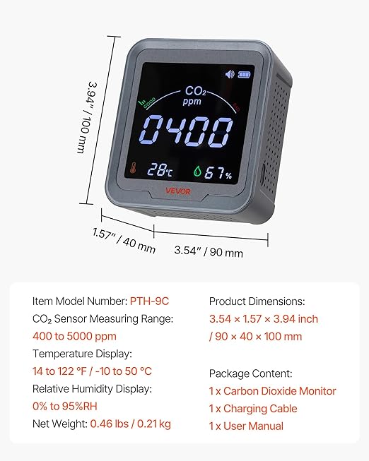 VEVOR Carbon Dioxide Monitor, CO2 Controller with Temperature and Humidity Display, NDIR Sensor, Carbon Dioxide Detector for Bedside, Home, Office, Car, Lightweight & Portable - Image 7